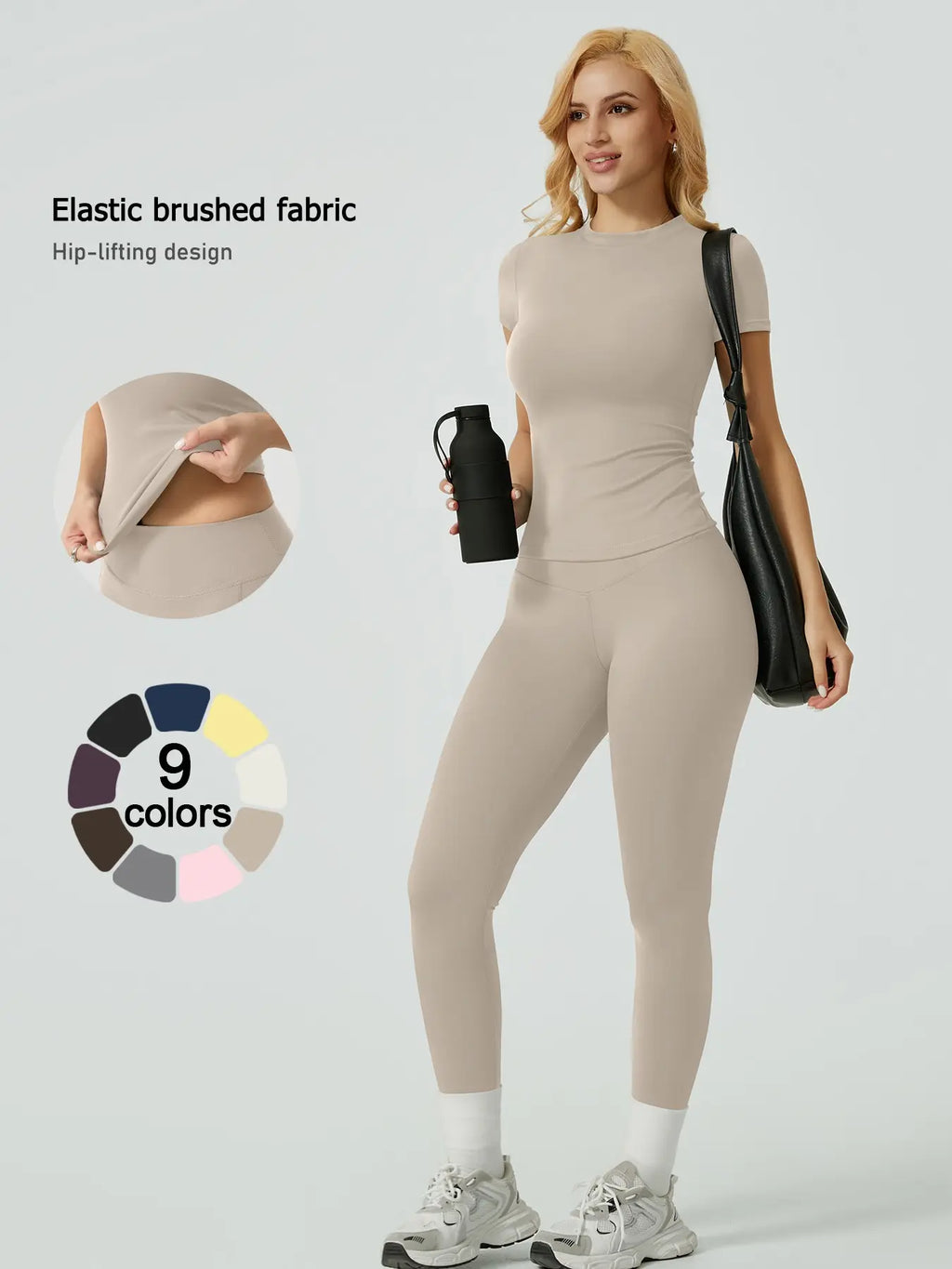 Two-Piece Set Women'S Solid Ribbed Long Sleeve Tee & Leggings Sport Set, Casual Breathable Quick Drying T-Shirt & Skinny Pants Set for Yoga Gym Workout Running, Ladies Sportswear for All Seasons, Exercise Clothing Set