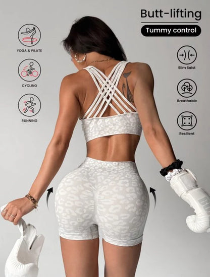 Lichtgrijs Dames Sportset Fitnesskleding Naadloos Met Hoge Taille Sport Shorts En Sport Bh Met Kruisband Rug Luipaard Patroon Yoga Fitness Hardlopen Set Maat M