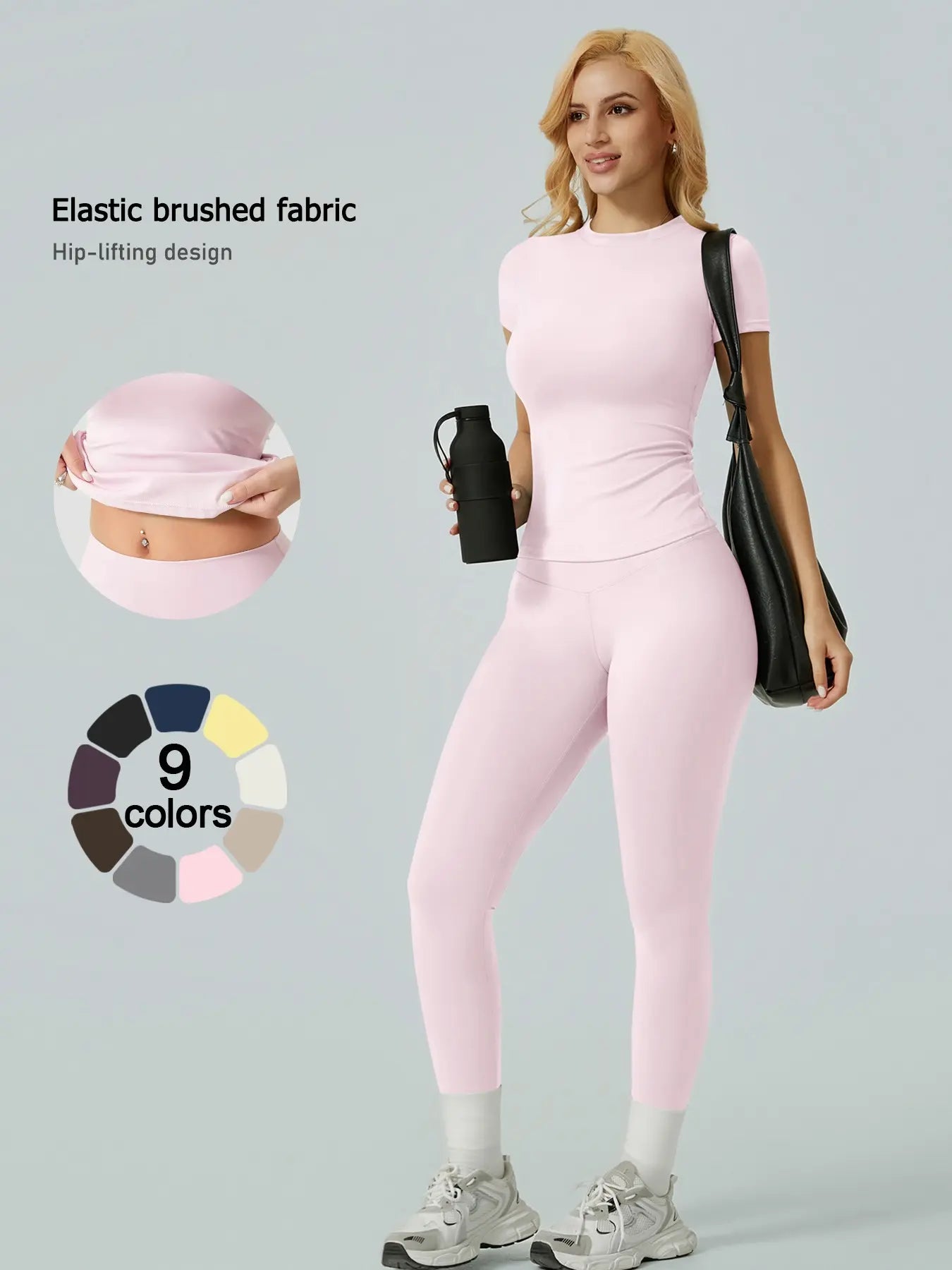 Two-Piece Set Women'S Solid Ribbed Long Sleeve Tee & Leggings Sport Set, Casual Breathable Quick Drying T-Shirt & Skinny Pants Set for Yoga Gym Workout Running, Ladies Sportswear for All Seasons, Exercise Clothing Set