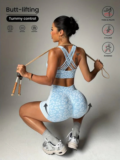 Blauw Dames Sportset Fitnesskleding Naadloos Met Hoge Taille Sport Shorts En Sport Bh Luipaard Patroon Yoga Fitness Hardlopen Set Maat L