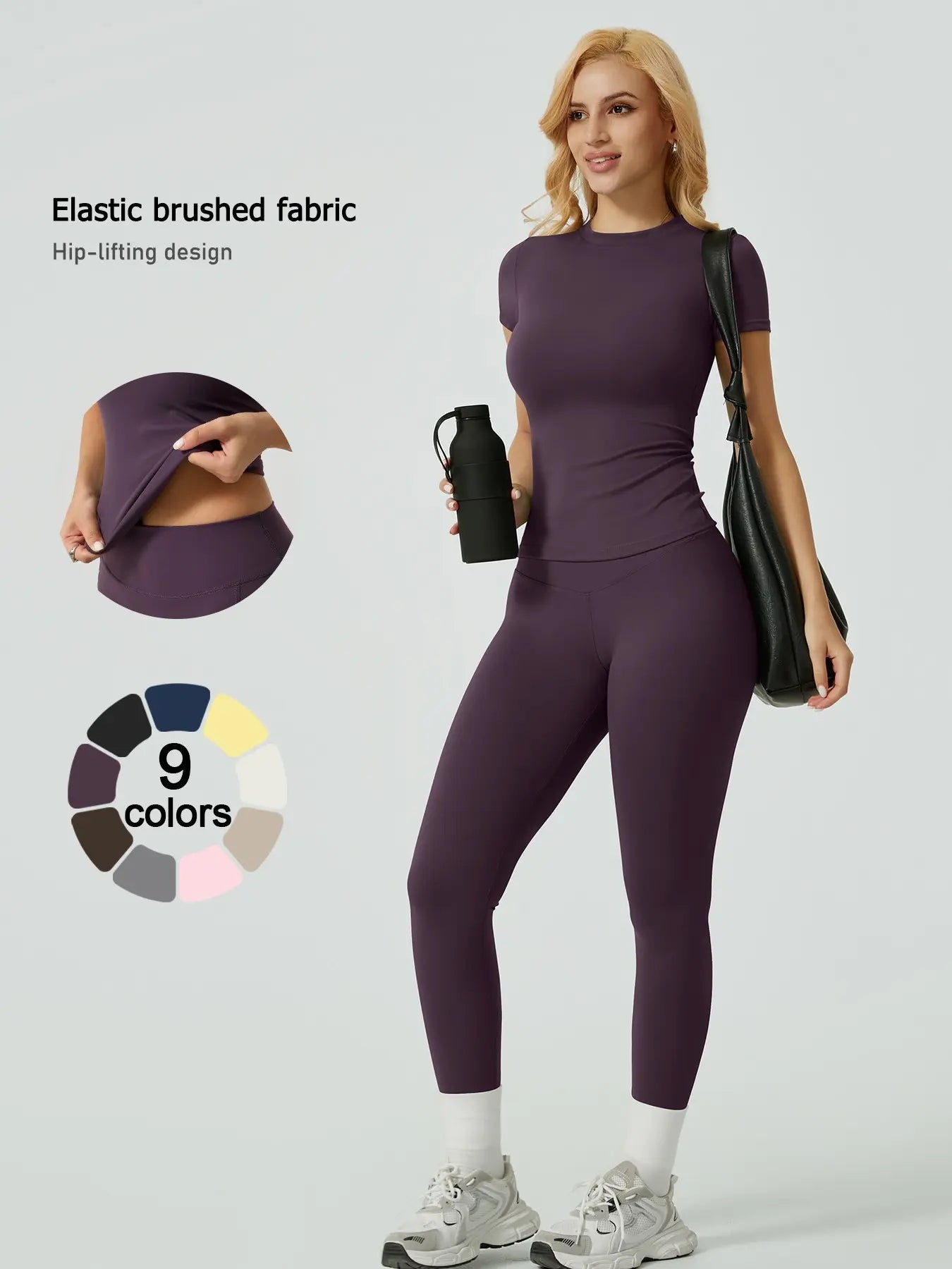 Two-Piece Set Women'S Solid Ribbed Long Sleeve Tee & Leggings Sport Set, Casual Breathable Quick Drying T-Shirt & Skinny Pants Set for Yoga Gym Workout Running, Ladies Sportswear for All Seasons, Exercise Clothing Set